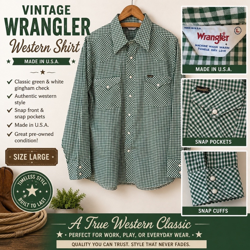 Vintage 70s Wrangler Western Shirt Green Gingham Check Pearl Snap Made Large USA
